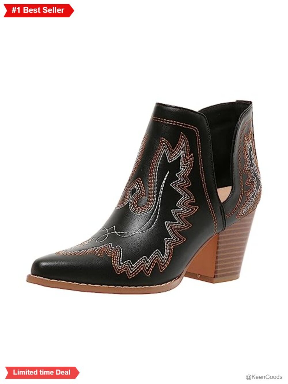 Cowboy Ankle Boots Pointed Toe Chunky Block Heel Cutout Embroidered Western